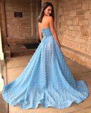 A-Line Strapless Sky Blue Lace High Split Long Prom/Formal Dress PSK164 - Pgmdress