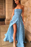 A-Linie, trägerloses, himmelblaues Spitzenkleid mit hohem Schlitz und langem Abschlussball/formelles Kleid PSK164
