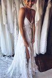 A-Line Straps Backless Court Train Lace Beach Wedding Dress WD108