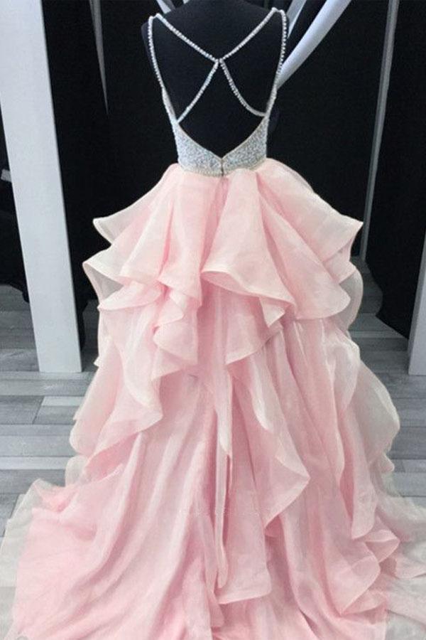 A-Line Straps Backless Tiered Organza Beaded Prom Dress PG532 - Pgmdress