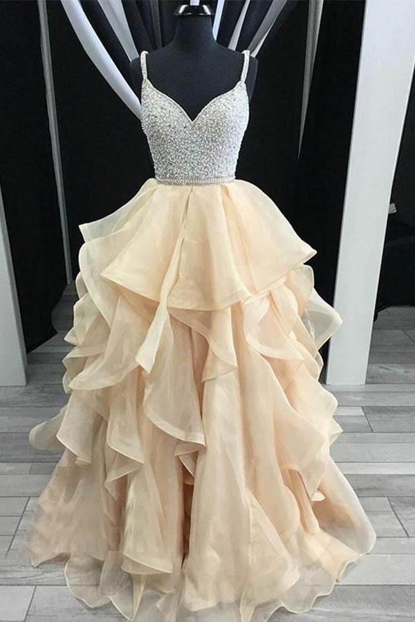 A-Line Straps Backless Tiered Organza Beaded Prom Dress PG532 - Pgmdress