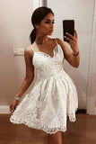 A-Line Straps Backless White Lace Homecoming Dress with Appliques PD209