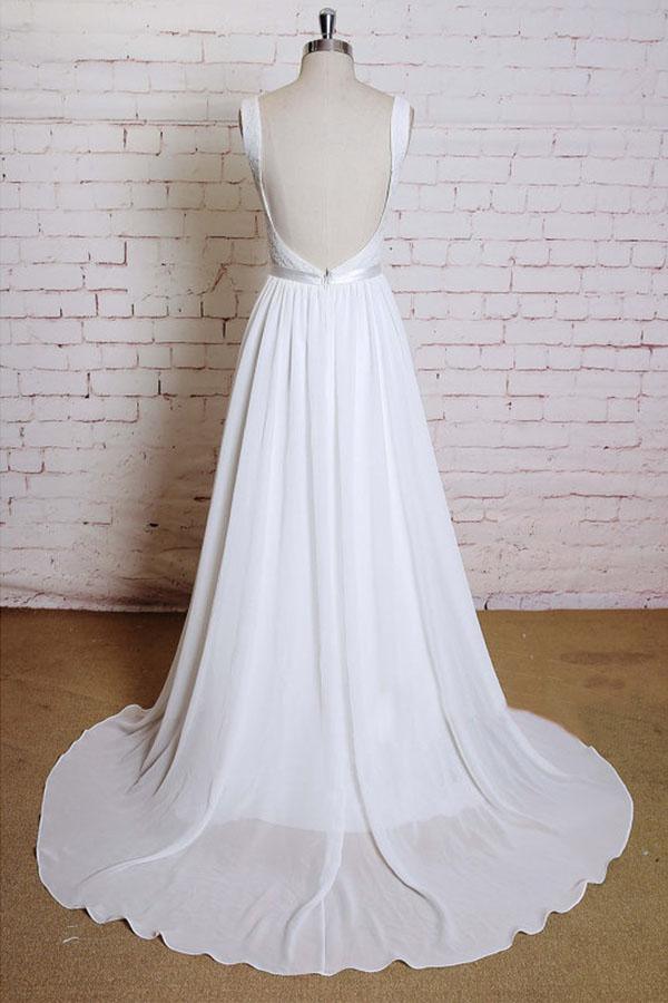 A-line Straps Court Train Chiffon Appliques Backless Wedding Dresses WD172 - Pgmdress