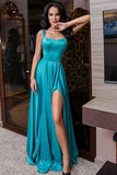 A-Line Straps Floor Length Turquoise Satin Prom Dress with Split  PG684