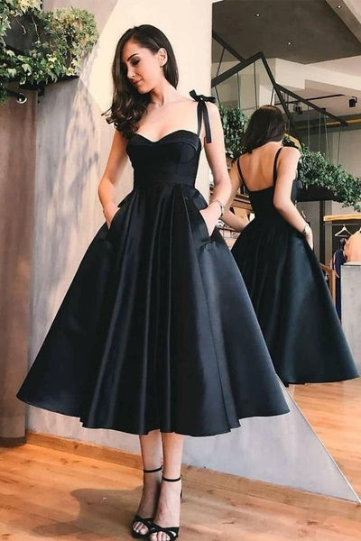 A-Line Straps Mid-Calf Sky Blue Satin Homecoming Dress with Pockets PD057 main image 1