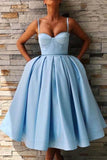 A-Line Straps Mid-Calf Sky Blue Satin Homecoming Dress with Pockets PD057