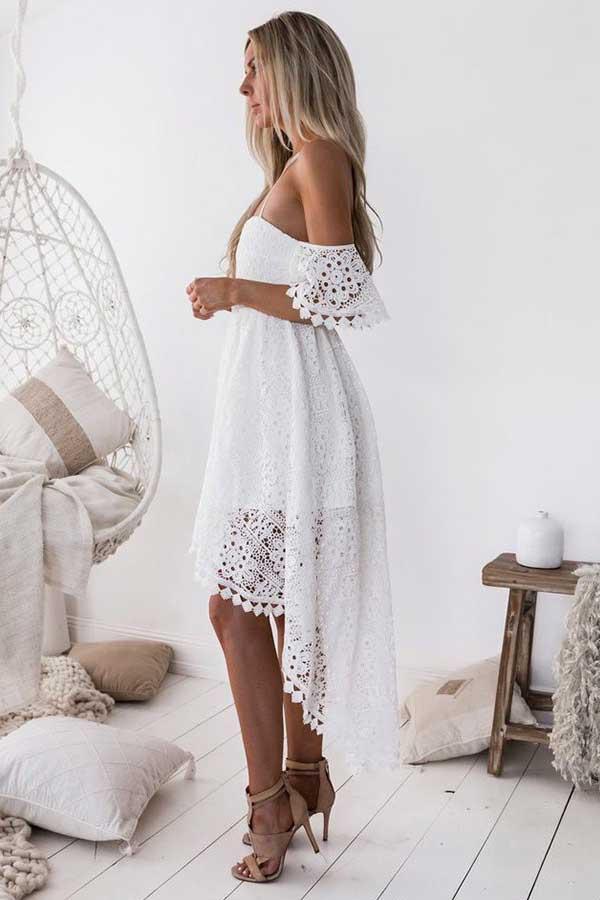 A-Line Straps Off-the-shoulder High Low White Lace Homecoming Dress PD013 - Pgmdress