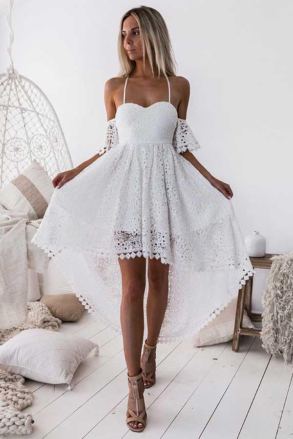 A-Line Straps Off-the-shoulder High Low White Lace Homecoming Dress PD013 - Pgmdress