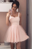 A-Line Straps Short Prom Dress Sleeveless Pink Tulle Homecoming Dress PD408