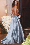 A-Line Straps Sweep Train Backless Satin Prom Dress With Beading PG402 - Pgmdress