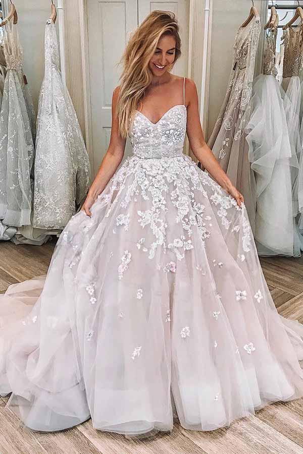A-line Straps Sweetheart Appliques Tulle Long Wedding Dress
