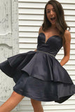 A-Line Sweetheart  Black Satin Homecoming Dress with Ruffles Beading PD165