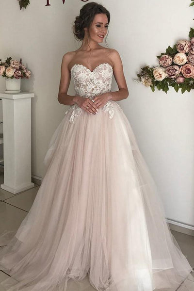 A-line Sweetheart Ivory Lace Blush Tulle Wedding Dress WD520 US0 / Ivory/Blush A-line Sweetheart Ivory Lace Blush Tulle Wedding Dress WD520 US0 / Ivory/Blush