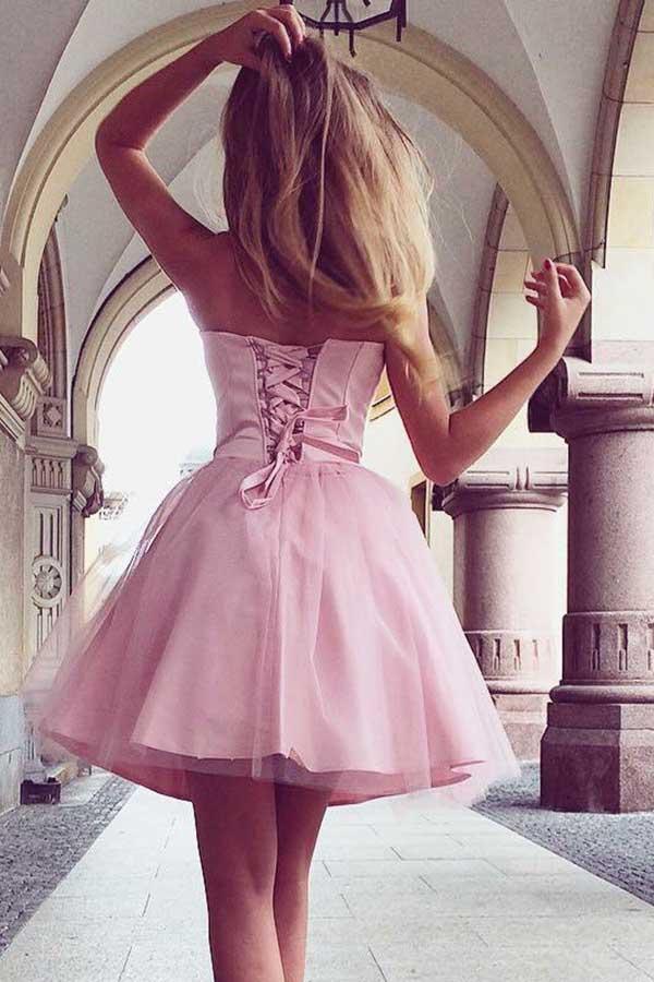 A-Line Sweetheart Lace-up Short Pink Tulle Homecoming Dress PD199 - Pgmdress