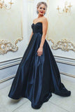 A-Line Sweetheart Navy Blue Satin Prom Dress with Beading PG573 - Pgmdress