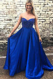 A-Line Sweetheart Navy Blue Satin Prom Dress with Beading PG573 - Pgmdress