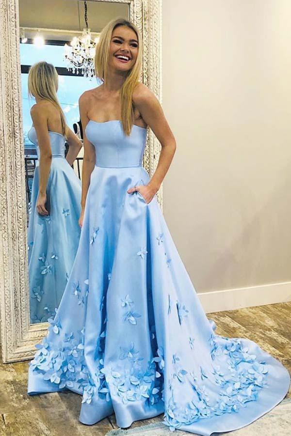 A-Line Sweetheart Sky Blue 3D Floral Applique Long Prom Dresses With Pocket PG988 - Pgmdress