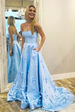 A-Line Sweetheart Sky Blue 3D Floral Applique Long Prom Dresses With Pocket PG988