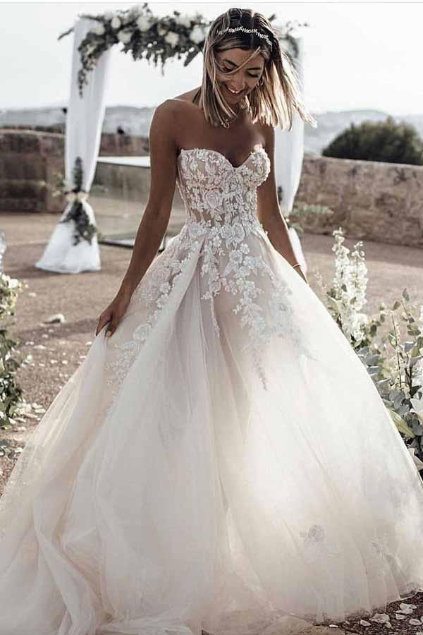 A-Line Sweetheart Sleeveless Sweep Train Tulle Wedding Dress WD295 - Pgmdress