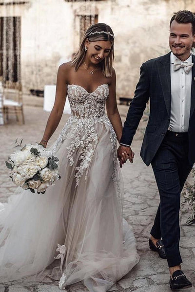 A-Line Sweetheart Sleeveless Tulle Wedding Dress with Appliques US4 / Custom Color A-Line Sweetheart Sleeveless Tulle Wedding Dress with Appliques US4 / Custom Color