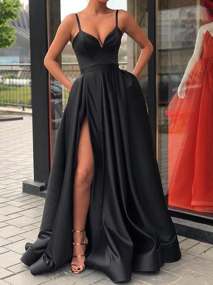 V Neck Black Satin Long Prom Dresses With High Leg Slit, Black Satin L –  morievent