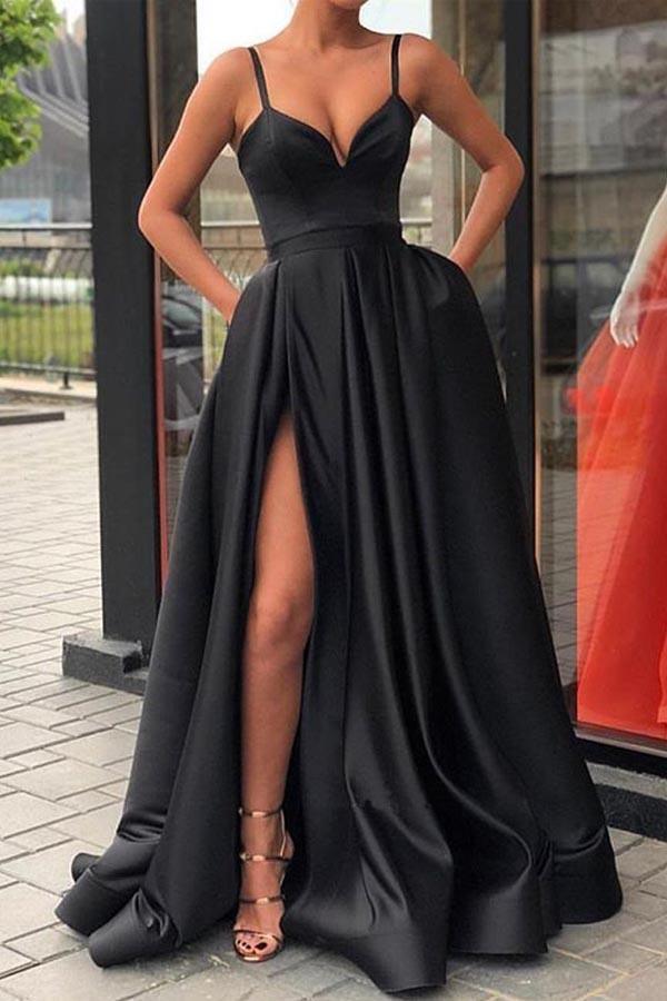 A Line Sweetheart Spaghetti Straps Black Satin Split Long Prom Dresses PG730 - Pgmdress