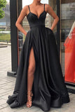 A Line Sweetheart Spaghetti Straps Black Satin Split Long Prom Dresses PG730