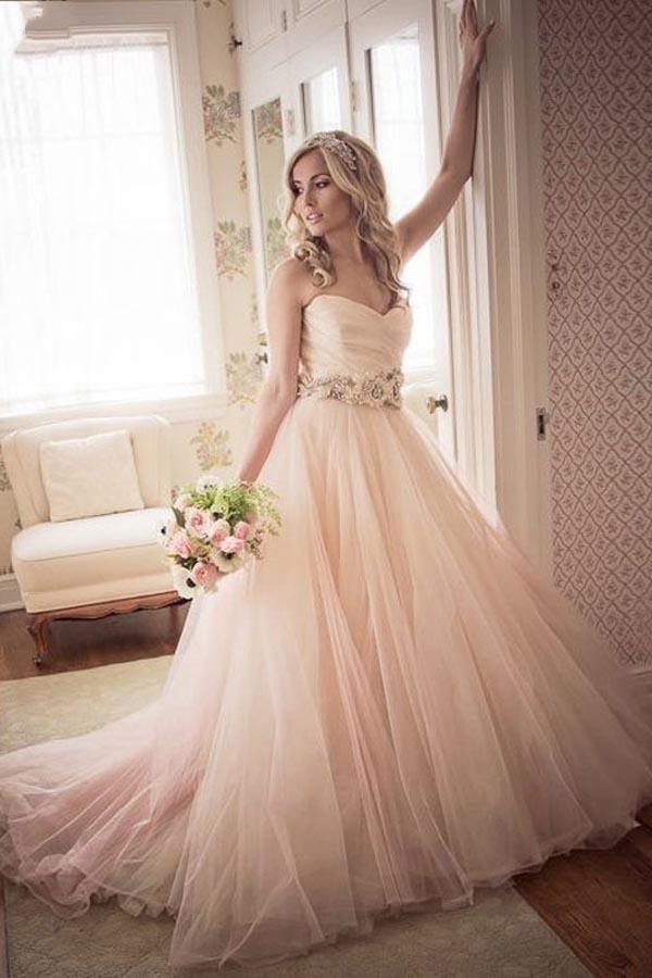 A-line Sweetheart Strapless Pink Long Tulle Wedding Dress WD235 - Pgmdress