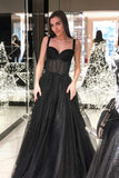 A Line Sweetheart Straps Black Dot Tulle Prom Dresses with Beading PSK206 - Pgmdress