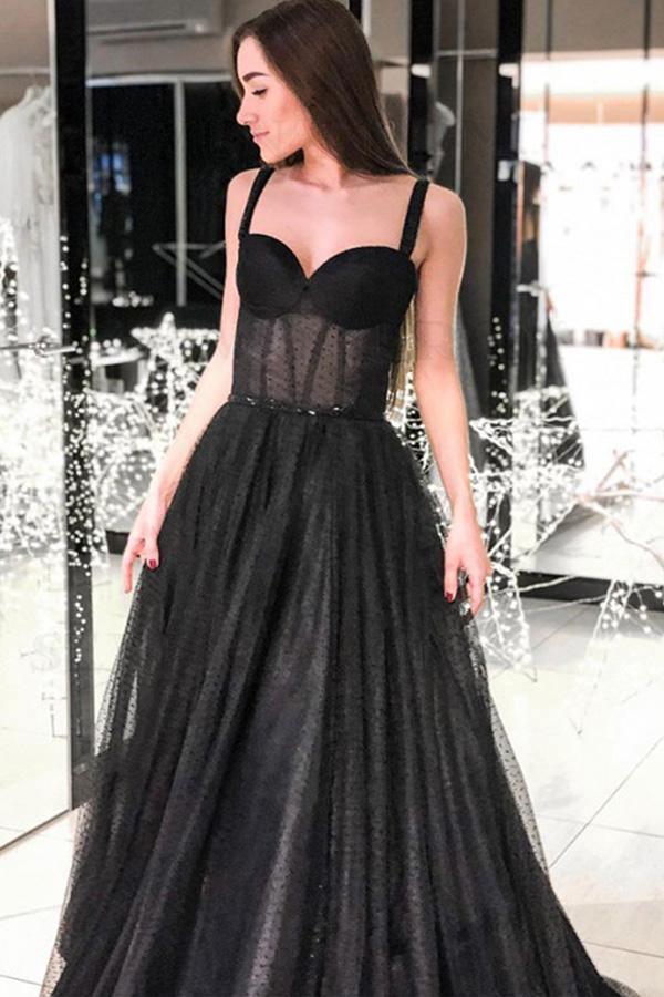 A Line Sweetheart Straps Black Dot Tulle Prom Dresses with Beading PSK206 - Pgmdress