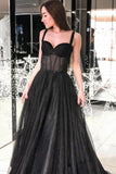 A Line Sweetheart Straps Black Dot Tulle Prom Dresses with Beading  PSK206