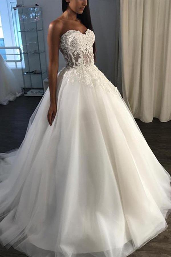 A-Line Sweetheart Sweep Train Tulle Appliques Wedding Dress WD227 - Pgmdress
