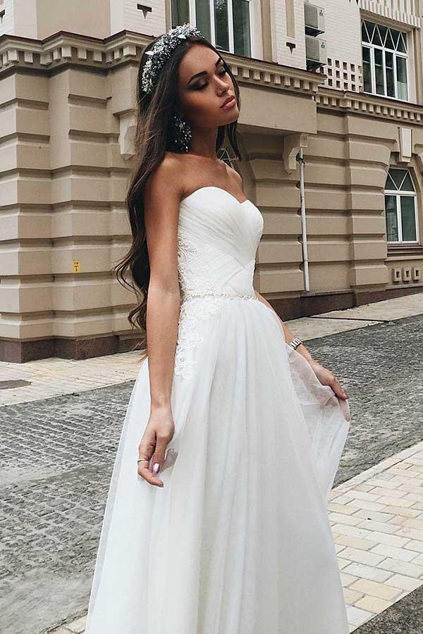 A-Line Sweetheart Sweep Train Tulle Wedding Dress with Appliques WD268 - Pgmdress