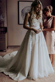 A-Line Sweetheart Sweep Train Wedding Dress with Appliques Beading WD393 - Pgmdress