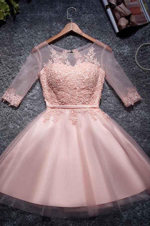 A-line Tulle Homecoming Dresses Scoop Pink Short/Mini Prom Dresses PD048 - Pgmdress