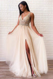 A-line Tulle Sexy Deep V Neck Side-Slit Beaded Long Prom Evening Dress PSK012 - Pgmdress