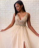 A-line Tulle Sexy Deep V Neck Side-Slit Beaded Long Prom Evening Dress PSK012 - Pgmdress