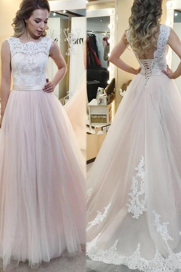 Romantic light pink floral lace applique ball gown or A-line wedding dress
