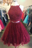 A Line Two Piece Appliques Burgundy Short Homecoming Dresses with Beading PD263 - Pgmdress