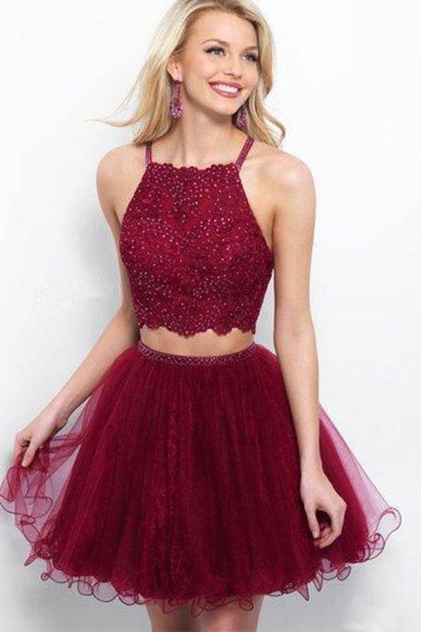 A Line Two Piece Appliques Burgundy Short Homecoming Dresses with Beading PD263 - Pgmdress