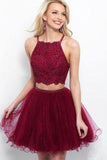 A Line Two Piece Appliques Burgundy Short Homecoming Dresses with Beading PD263 - Pgmdress