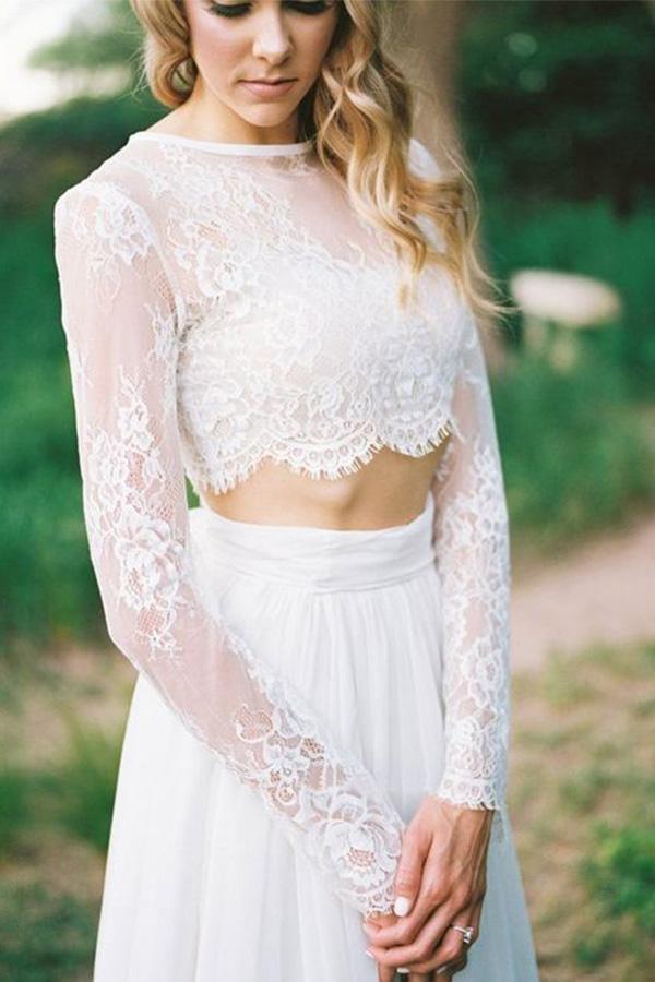 A Line Two Piece Round Neck Long Sleeves Lace Beach Wedding