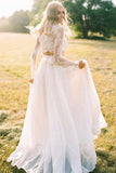 A Line Two Piece Round Neck Long Sleeves Lace Beach Wedding Dresses WD463 - Pgmdress