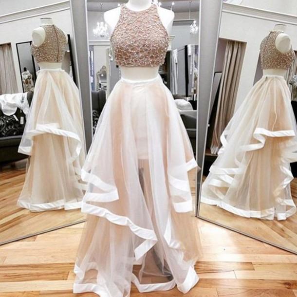 A-line Two Piece Tulle Prom Dresses Party Dresses Evening Dresses