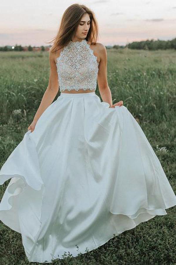 A Line Two Pieces Lace White Wedding Dresses With Pockets WD403 - Pgmdress