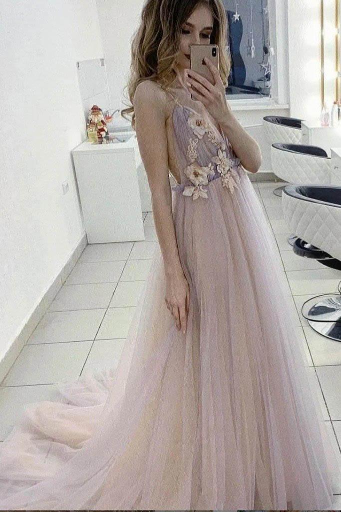 A-line V-neck 3D Flower Eleagnt Tulle Long Prom Dress PSK136 - Pgmdress