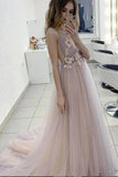 A-line V-neck 3D Flower Eleagnt Tulle Long Prom Dress PSK136 - Pgmdress