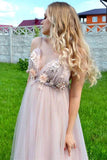 A-line V-neck 3D Flower Eleagnt Tulle Long Prom Dress PSK136 - Pgmdress