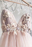 A-line V-neck 3D Flower Eleagnt Tulle Long Prom Dress PSK136 - Pgmdress