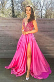 A-line V-Neck Appliques Fuchsia Beading Long Prom Dress with Slit PG884